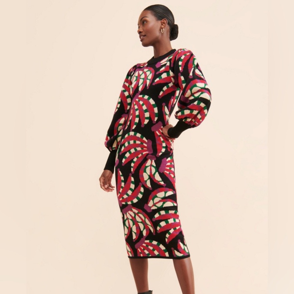 NWT Farm Rio Sz M Black Multi Banana Dots Knit Long Puff Sleeve Fruit Midi Dress